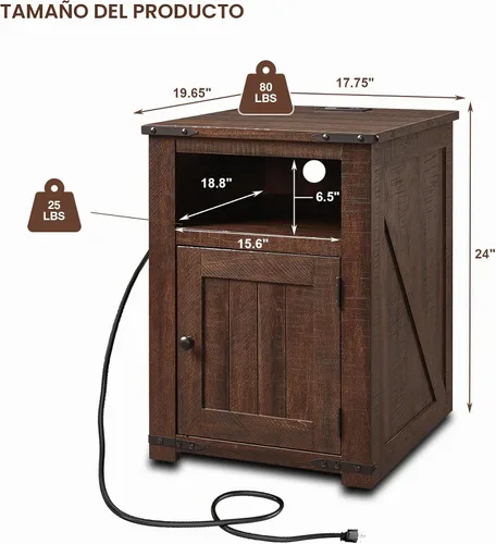Vista 2 de IFGET - Mesita de noche con estación de carga, mesa auxiliar de 20" estilo granja con puerta de granero, mesa de sofá rústica de madera para cama