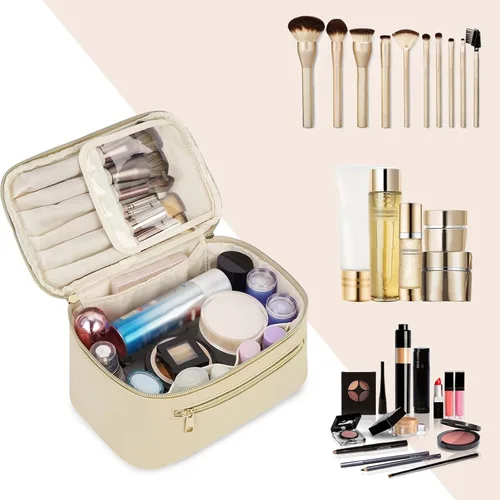 Vista 6 de Bolsa de maquillaje Wandering Nature, estuche organizador de viaje para maquillaje y brochas de cosméticos para mujer en cuero vegano ecológico