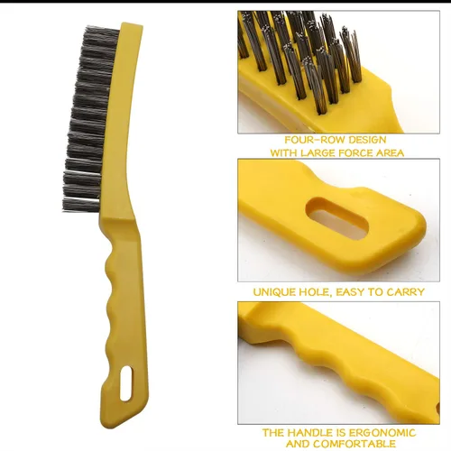 Vista 5 de Juego de 2 cepillos de alambre para rascar, acero inoxidable resistente de 11 pulgadas con mango de plástico, herramienta de mano para doblar