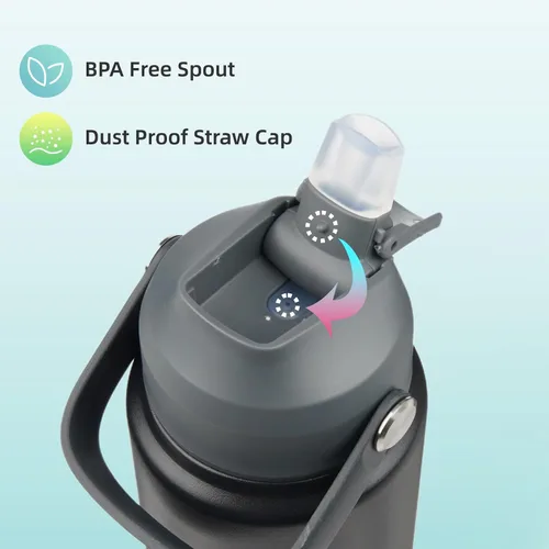 Vista 5 de Konokyo Botella de agua aislada con tapa de pajilla, botella de metal al vacío de acero inoxidable de 18 onzas con mango de silicona, color negro