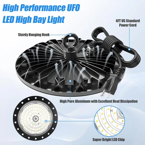 Vista 3 de loyal Luces LED de alta bahía: iluminación comercial regulable UFO 6000K - para almacén, garaje, taller, gimnasio, con cable de enchufe de EE. UU