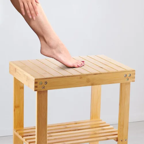 Vista 7 de VaeFae Banco de ducha de bambú, taburete de asiento de banco de spa, taburete de afeitar con pies antideslizantes y estante de almacenamiento