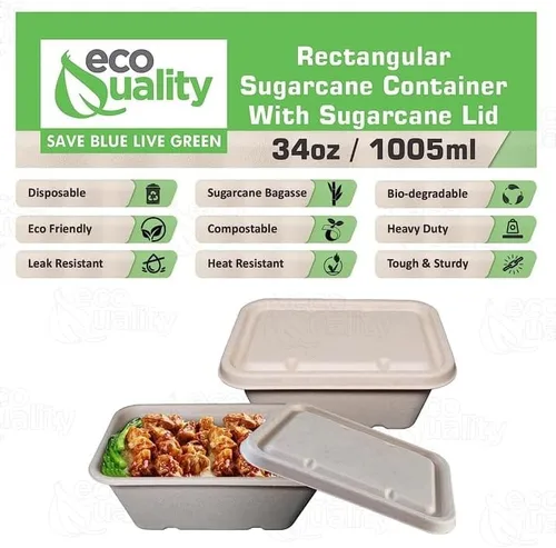 Vista 5 de EcoQuality Cuencos desechables de 34 onzas con tapas de fibra, cuencos rectangulares de papel biodegradable de fibra de caña de azúcar compostable