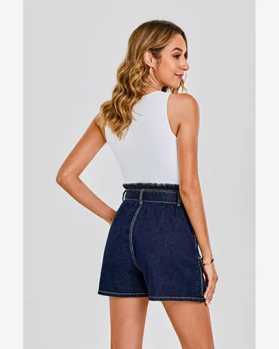 Vista 2 de luvamia Faldas de mezclilla para mujer, pantalones cortos de mezclilla de cintura alta con bolsillos, casual, lindo, cinturón de verano, falda