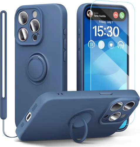 Vista 10 de pcgaga Funda de silicona para iPhone 15 Pro Max con protector de pantalla [soporte de anillo] [correa de muñeca] [forro de microfibra] funda Negro