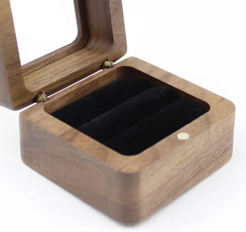 Vista 8 de Caja de anillos de madera cuadrada rústica con tapa transparente, para parejas, caja de compromiso, boda, dos ranuras, terciopelo negro