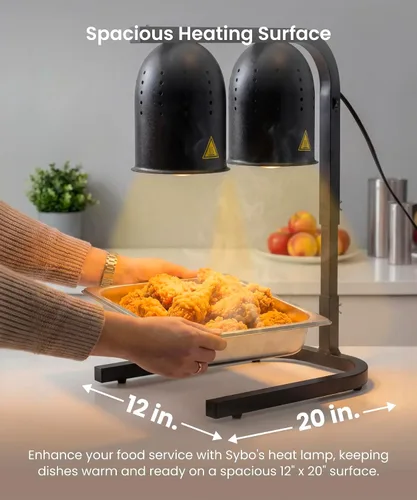 Vista 3 de SYBO DL2112 Lámpara de calor para alimentos de grado comercial, calentador de alimentos eléctrico portátil, 2 bombillas de 500W con soporte Negro