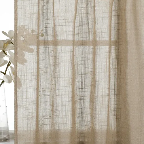Vista 3 de Juego de 3 piezas de cortinas de ventana de cocina de lino semitransparentes con niveles y cenefa, color taupe. Gris pardo
