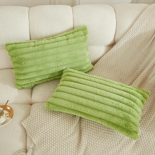 Vista 2 de JAUXIO Juego de 2 fundas de almohada de piel sintética sólidas con textura a rayas decorativas esponjosas para sofá, sala de estar, 12 x 20