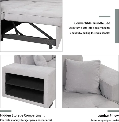Vista 5 de Merax Sofá cama en forma de L de 104.5 pulgadas, sofá cama modular reversible de 3 plazas con cama extraíble, sofá cama de almacenamiento y 2 Gris