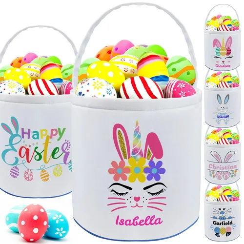 Vista 14 de Cesta de Pascua personalizada con nombre para niñas, niños y niños, cesta de Pascua personalizada bolsas de regalo para caza de huevos de Pascua