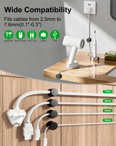 Vista 6 de OneLeaf Paquete de 12 clips de cable de resorte giratorios de 360° [1s bloqueo], soporte de cable adhesivo para mesita de noche, soporte de cable