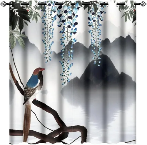 Vista 19 de Cortinas opacas para oscurecer la habitación con ojales, diseño de flores japonesas con ojales, arte retro de primavera y ramas florales, arte
