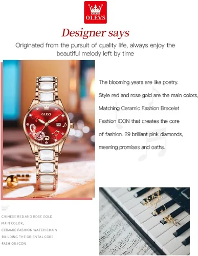 Vista 3 de OLEVS Reloj de pulsera para mujer, oro rosa, elegante, de cerámica, para mujer, de cuarzo, acero inoxidable, impermeable, luminoso