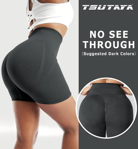 Vista 4 de TSUTAYA Pantalones cortos de entrenamiento para mujer, sin costuras, cintura alta, pantalones cortos de gimnasio para correr, ciclismo, yoga