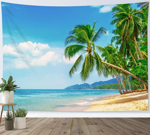 Vista 12 de HVEST Tapiz de playa para colgar en la pared, paisaje tropical azul océano, tapiz natural para dormitorio, palmera verde con cielo azul, nube