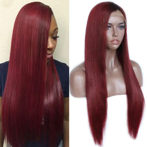 Vista 12 de Maycaur Peluca de cabello humano rojo degradado con encaje frontal, sedoso y liso #1b/rojo con encaje completo, pelucas de cabello humano