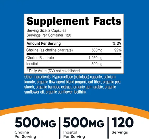 Vista 2 de Nutricost Suplemento de colina e inositol (1,000 mg) 240 cápsulas - 500 mg de colina, 500 mg de inositol, sin OMG, sin gluten, 120 porciones