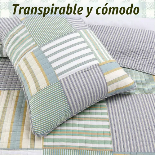 Vista 3 de Cozy Line Home Fashions Juego de ropa de cama de retazos reales a cuadros y rayas verdes, amarillos y azules, 100% algodón, colcha reversible