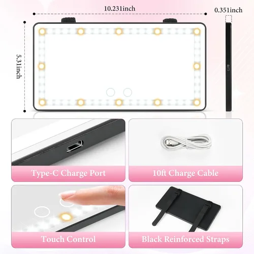 Vista 4 de SINGARO Espejo de tocador con visera solar para automóvil, espejo de maquillaje recargable con 60 LED, 3 modos de luz y control táctil regulable