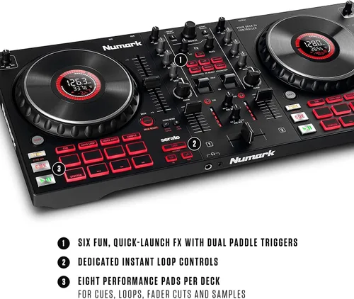 Vista 7 de Paquete de Controlador de DJ - Set de DJ con 4 Decks, Mezclador de DJ, Interfaz de Audio, Pantallas de Rueda Jog, FX y Auriculares de DJ - Numark