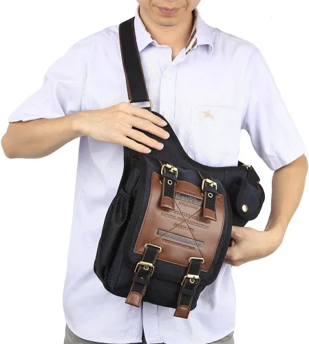 Vista 8 de Bolso de mensajero de lona vintage para hombre, bolso de mensajero de retazos de cuero en el pecho