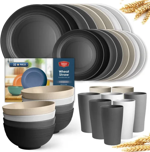 Vista 21 de Teivio Juego de vajilla de plástico de paja de trigo de 32 piezas para cocina, servicio para 8, platos, cuencos y tazas irrompibles, vajilla
