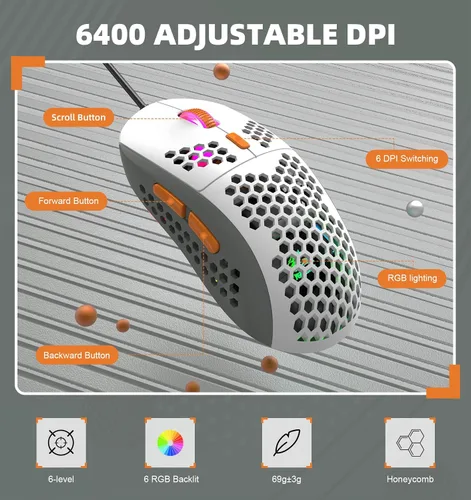 Vista 2 de ZIYOU LANG Ratón para juegos RGB con cable, 65G ligero de panal ultraligero con sensor de alta precisión 6400DPI, 6 botones programables USB