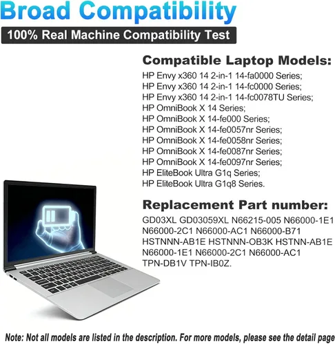 Vista 5 de GD03XL N66215-005 - Batería de repuesto para laptop HP Envy x360 14 2 en 1 14-fa0000 / OmniBook X 14 / EliteBook Ultra G1q Series GD03059XL