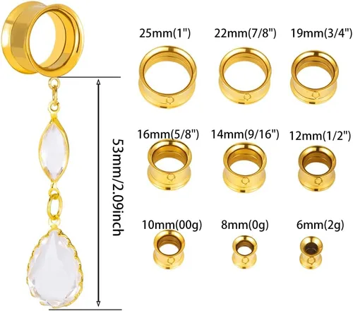 Vista 5 de DOEARKO 2PCS Ear Tunnels with Classy Crystals Chain Dangle Gauges Plugs Stretcher Pair Selling Size 6mm-16mm Piercing Body Jewelry negro (2#BLACK)