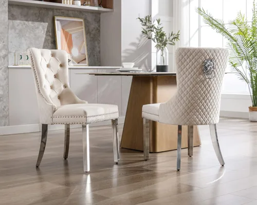 Vista 2 de KCC Juego de 2 sillas de comedor de terciopelo, sillas modernas copetudas Patas de acero inoxidable beige++ plata