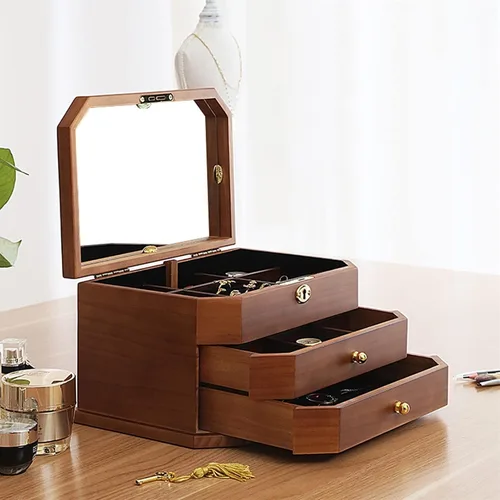 Vista 7 de MUSUMI Joyero extra grande de madera maciza, caja de joyería de madera maciza, caja de almacenamiento de regalo, organizador con cerradura