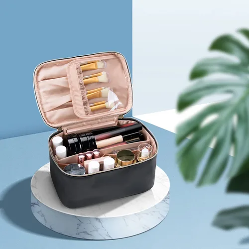 Vista 7 de OCHEAL Bolsa de maquillaje, bolsa de cosméticos portátil, organizador de maquillaje de viaje de gran capacidad, color negro para mujeres, bolsa