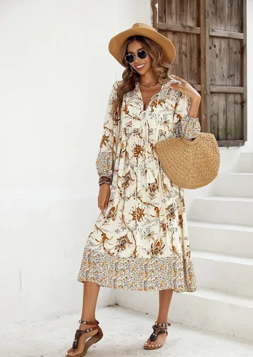 Vista 3 de R.Vivimos - Vestido por debajo de la rodilla de estilo bohemio para mujer, vestido de manga larga, con estampado floral retro y cuello en V con borla