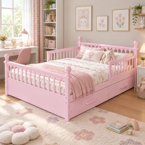 Vista 10 de SOFTSEA Twin Size Kids Bed Frame with Storage Drawers, Wood Platform Bed with Storage Headboard and Charging Station, No Box Spring Needed, Cream