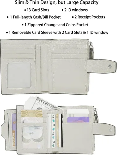 Vista 2 de AINIMOER - Cartera de piel con bloqueo RFID para mujer, tamaño pequeño, compacta, doble zíper, con ventana para identificación