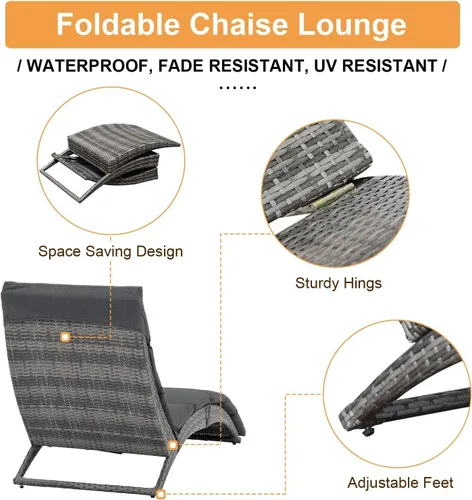 Vista 3 de JOIVI Tumbona para patio, tumbona para exteriores, tumbona plegable de ratán PE con cojín extraíble gris oscuro, adecuado para piscina, jardín