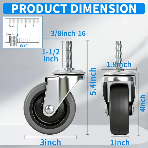 Vista 2 de MySit Ruedas giratorias, vástago roscado de 3 pulgadas, ruedas TPR de 3/8 "-16 x 1-1/2", rueda de goma termoplástica resistente con capacidad