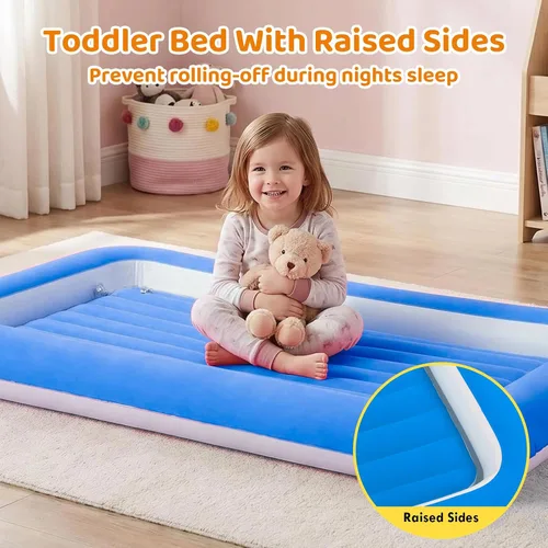 Vista 2 de Cama de aire para niños, colchón inflable para viaje de bebé con laterales, azul