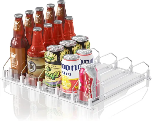 Vista 26 de Organizador de Bebidas para Refrigerador, 12oz 16oz 20oz - Dispensador de Latas de Refresco para Refrigerador, Ancho Ajustable, Deslizador Negro