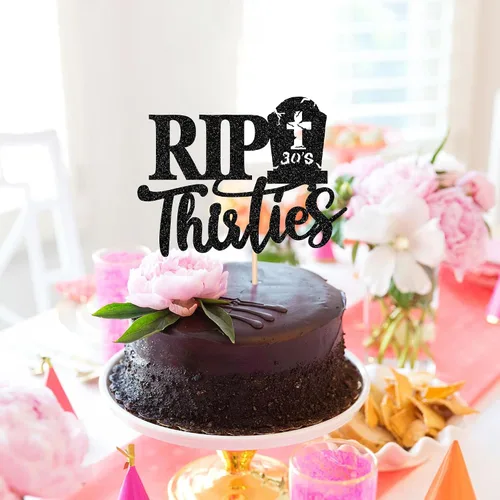 Vista 4 de 1 decoración para tartas Rip Thirties con purpurina negra de la muerte a mis treinta, decoración de pastel Rip to My 30s para funeral de los años