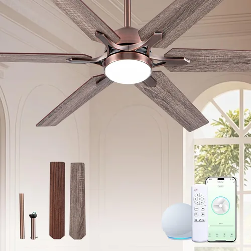 Vista 10 de Ventilador de techo con aspas de aluminio de 60 pulgadas con luz, ventilador inteligente industrial que funciona con Alexa, ventiladores de techo