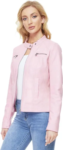 Vista 2 de Fahsyee Chaquetas de cuero con cremallera para mujer, abrigo de motociclista de poliuretano sintético