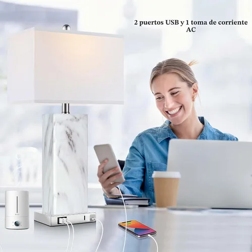 Vista 3 de Juego de 2 lámparas de mesa con control táctil, modernas lámparas de noche de cerámica con 2 puertos USB y 1 enchufe de CA, lámparas de mesita de 3