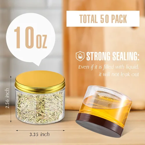 Vista 2 de 50 tarros de plástico transparente de 10 onzas con tapas, boca ancha, 5 colores Airtight Screw Seal for Dry Food Honey Butter, Round Cylinder