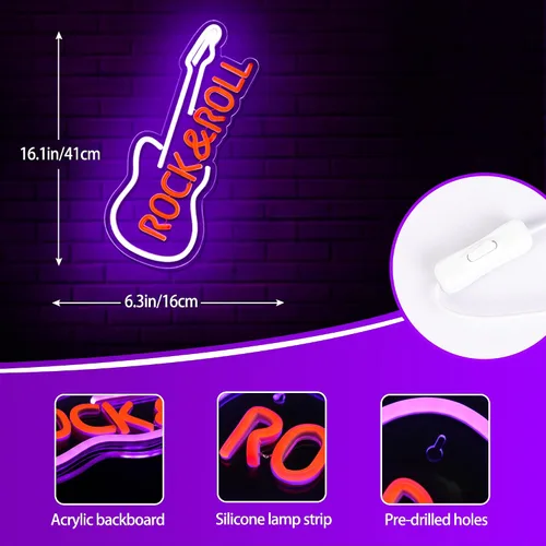 Vista 4 de Letrero de neón de guitarra para decoración de pared, luces de neón de música en vivo para estudio de música, letrero de guitarra LED Rock and Roll