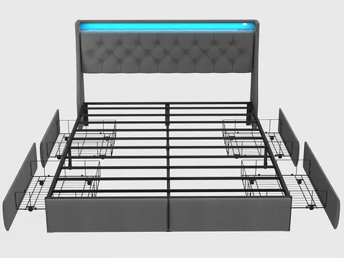 Vista 9 de SADENICEL Base de cama de tamaño completo con cabecera de almacenamiento y 4 cajones, plataforma de base de cama de metal completo con luz LED