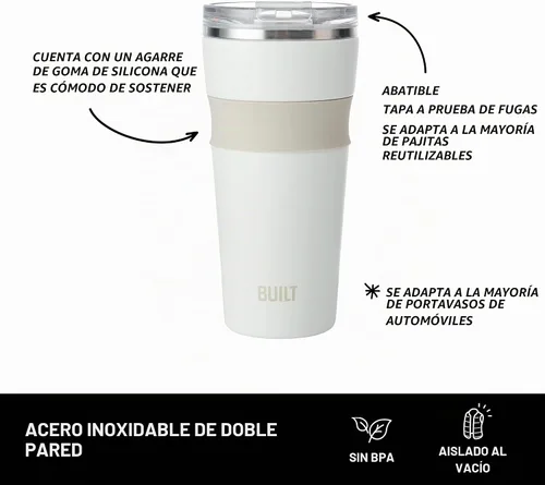 Vista 3 de [Usado] BUILT Vaso Shasta de acero inoxidable con aislamiento al vacío de doble pared de 24 onzas con tapa fácil de limpiar, abatible para abrir