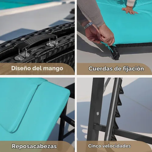 Vista 5 de Devoko Juego de tumbonas para patio al aire libre de ratán con respaldo ajustable, 3 piezas acolchadas para patio plegable con mesa plegable (azul)
