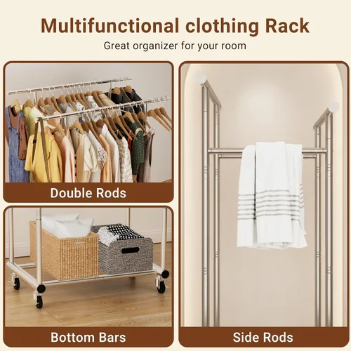 Vista 5 de TigerParty Perchero de doble barra para colgar ropa, perchero resistente de acero inoxidable resistente, perchero con ruedas para dormitorio